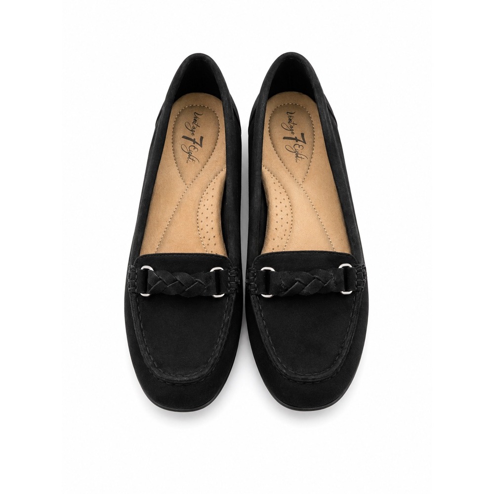 Vintage 7 Eight Womens Black Faux Suede Braided Strap Loafers Flats Size 11